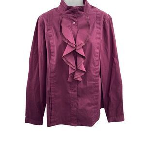 Doncaster Ruffle Blouse Womens Size 12 Burgundy Button Up Split Back High Collar